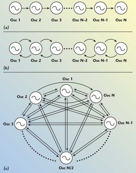 Systems of N-push oscillators: (a) nearest neighbor unilateral coupling; (b) nearest neighbor bilateral coupling; and (c) global coupling.